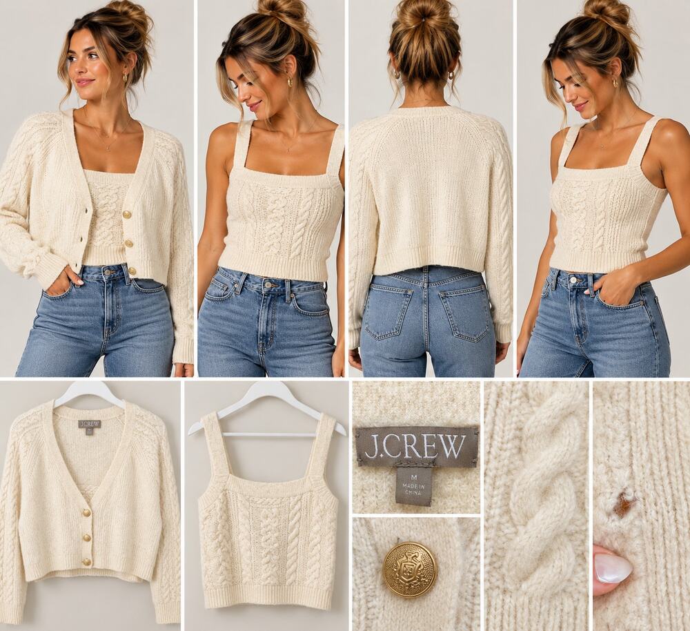 J.Crew Cream Cable-Knit Cardigan & Cami Set – Size M